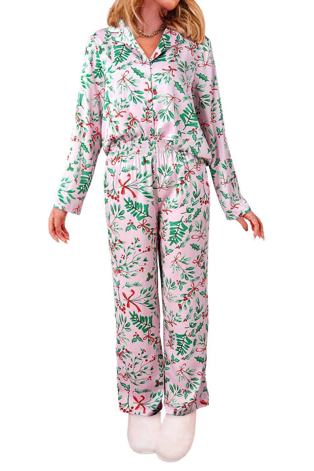 Pink Plants Print Plush Edge Collar Shirt Pants Pajama Set