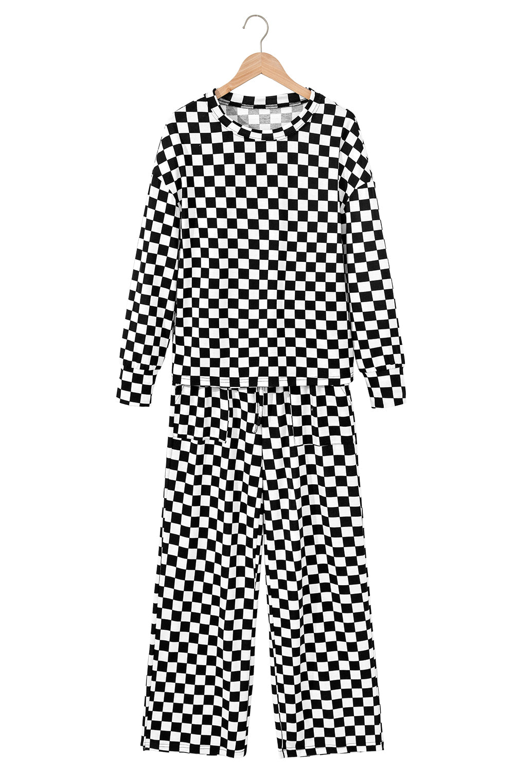 Beige Checkered Print Long Sleeve Loose Fit Pajama Set