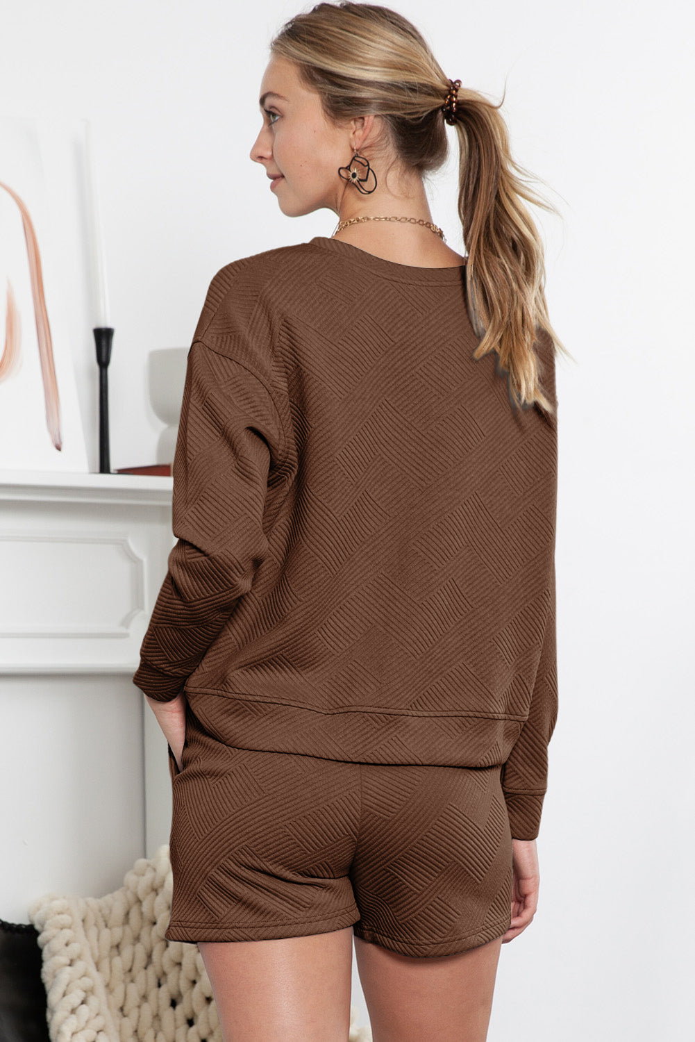 Brown Textured Long Sleeve Top & Drawstring Shorts Set