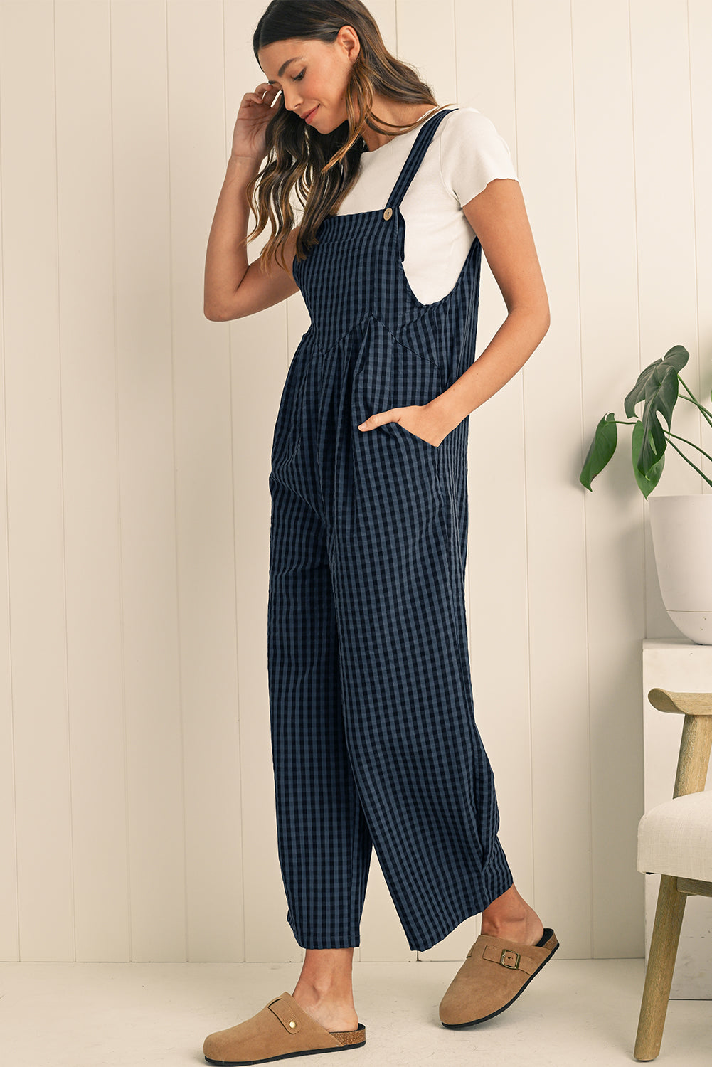 Sail Blue Plaid Print Buttoned Pocket High Waist Overall