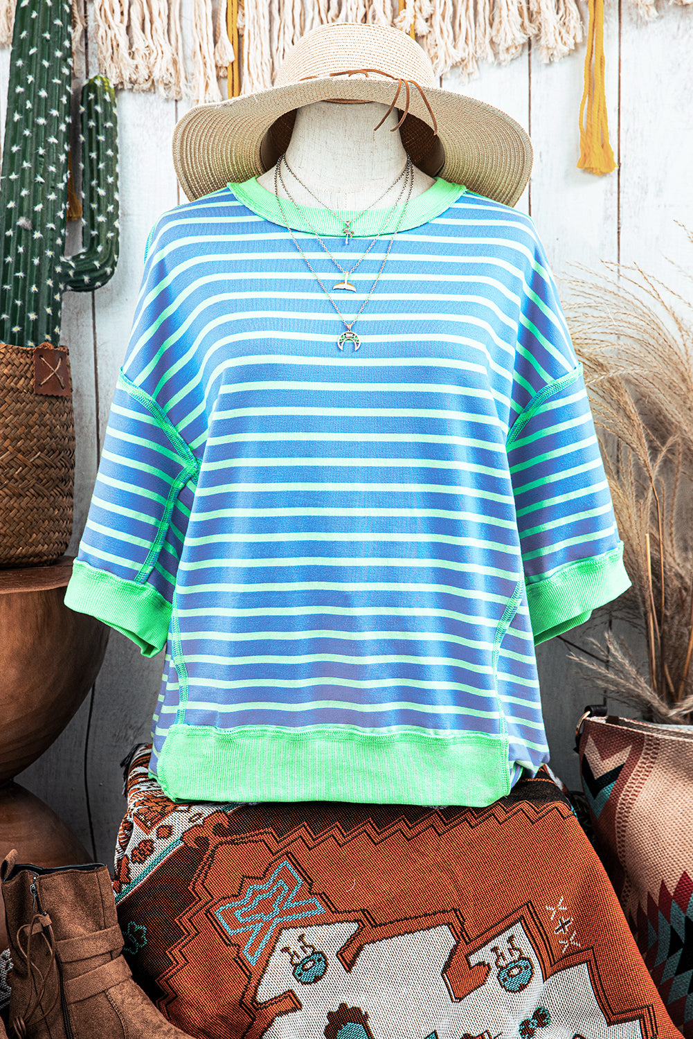 Sky Blue Stripe Contrast Drop Sleeve Loose Top