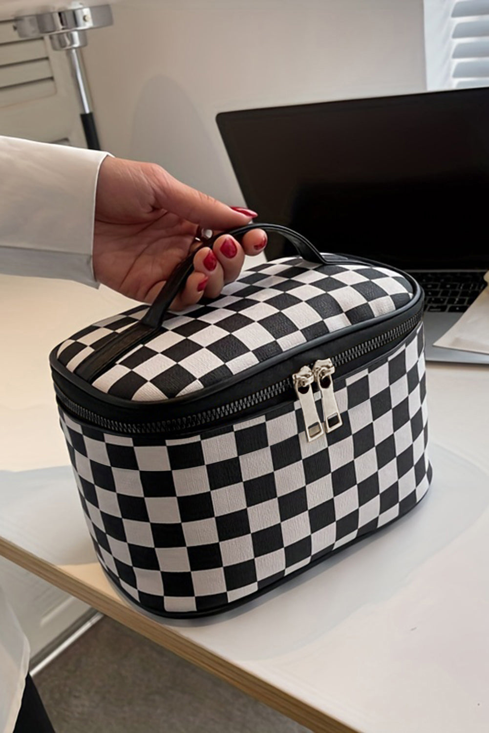 Black Checkered Zipper Large Cosmetic Bag with Handle