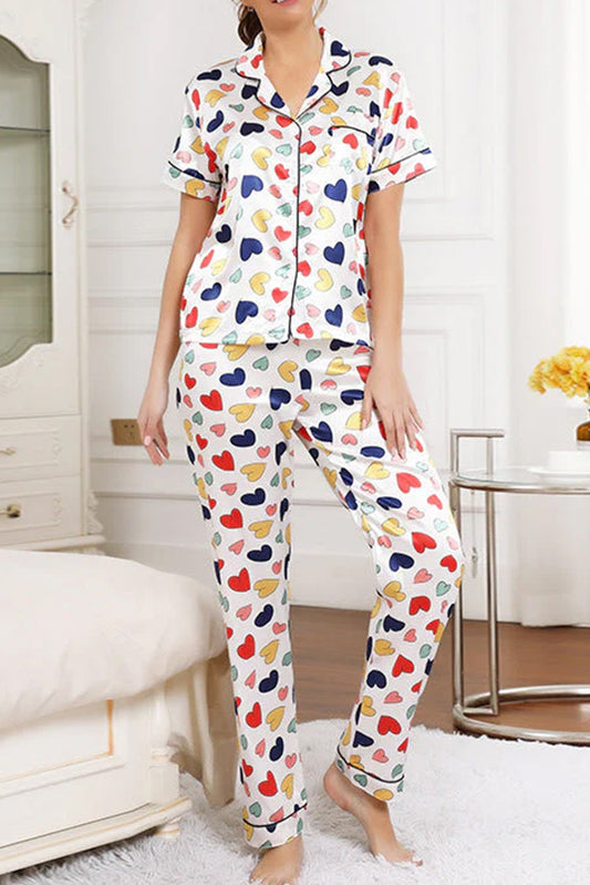 White Heart Graphic Lapel Collar T Shirt And Pant Pajama Set