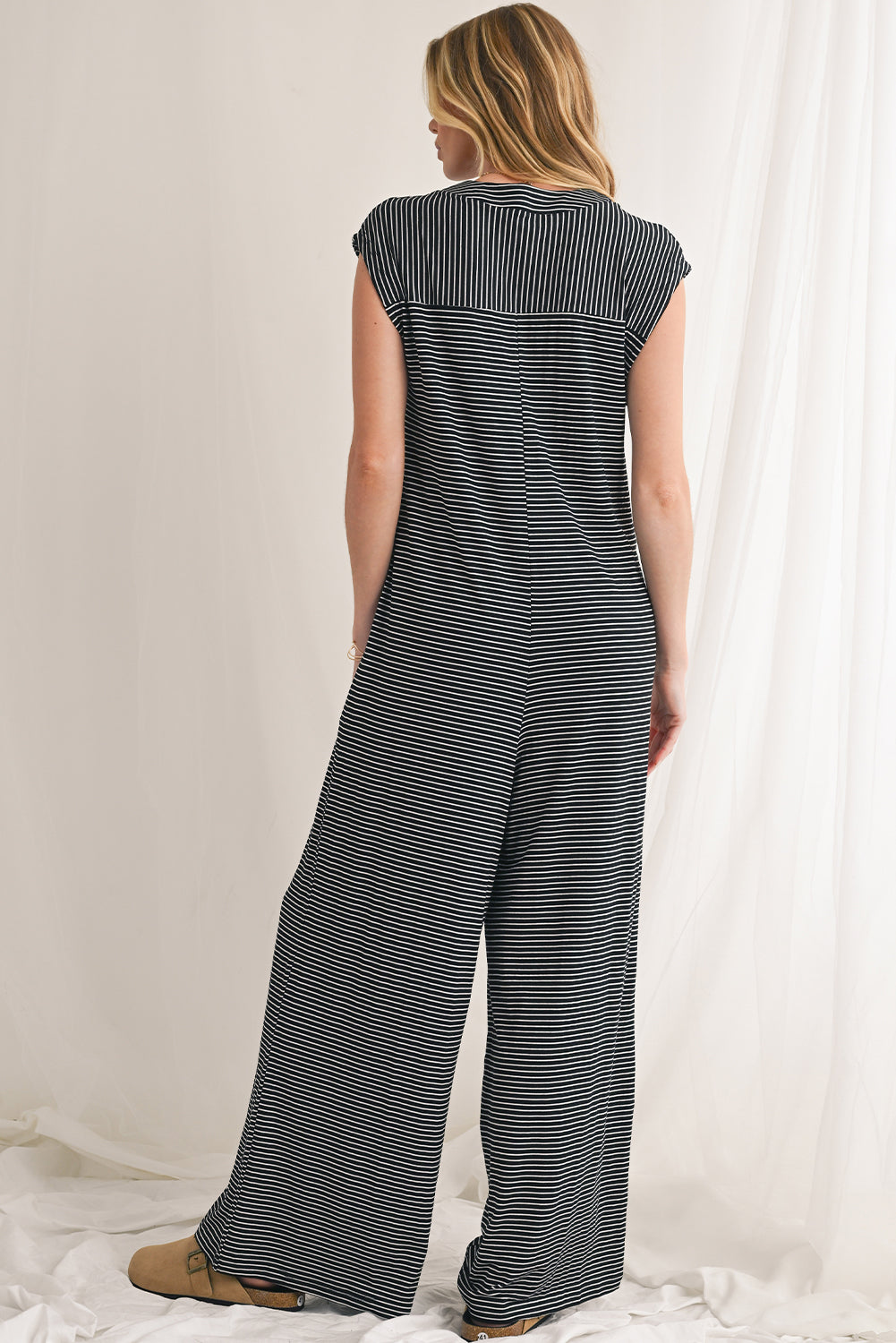 Black White Striped Button Sleeveless Jumpsuit