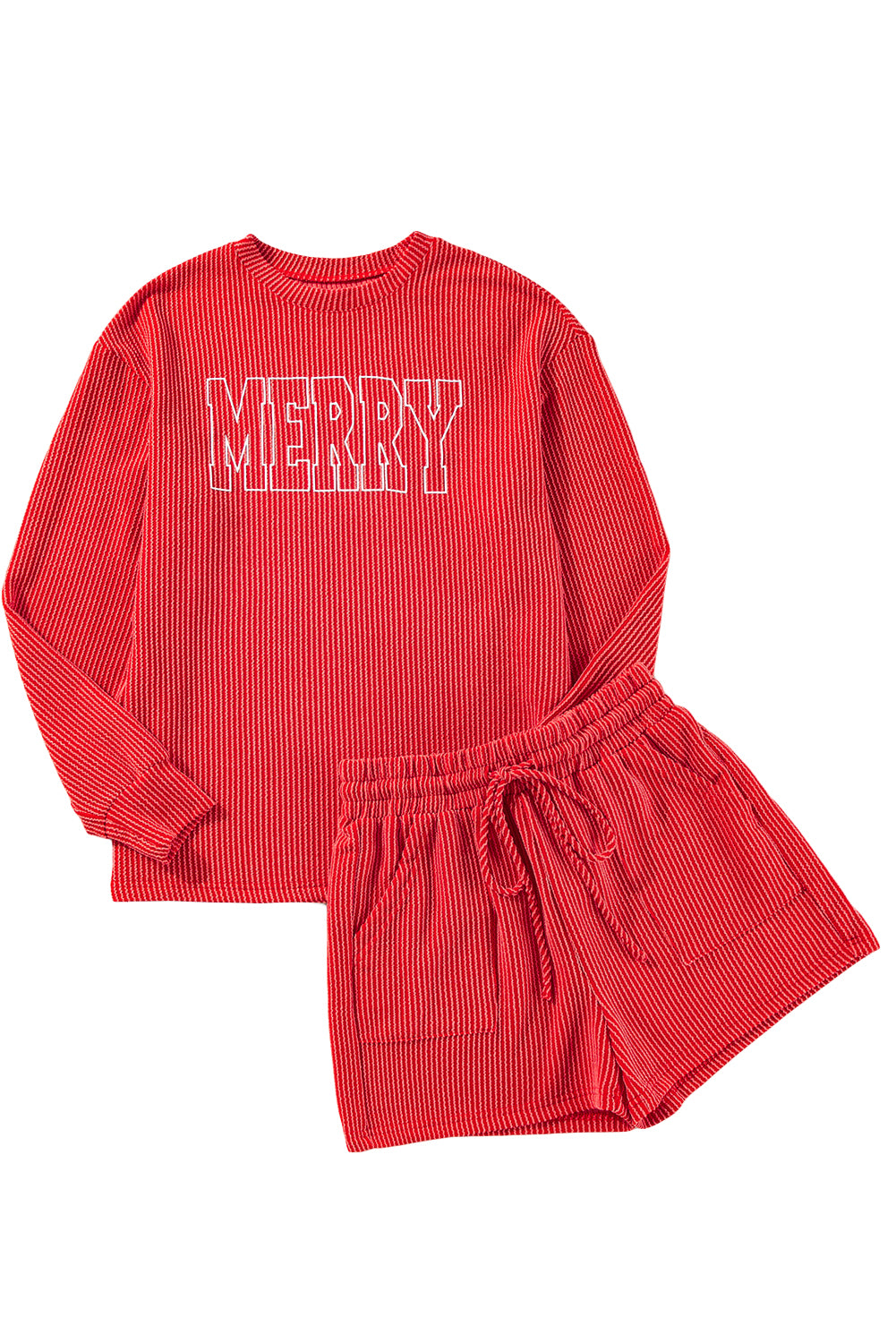 Black Corded MERRY Long Sleeve Top and Shorts Pajama Set