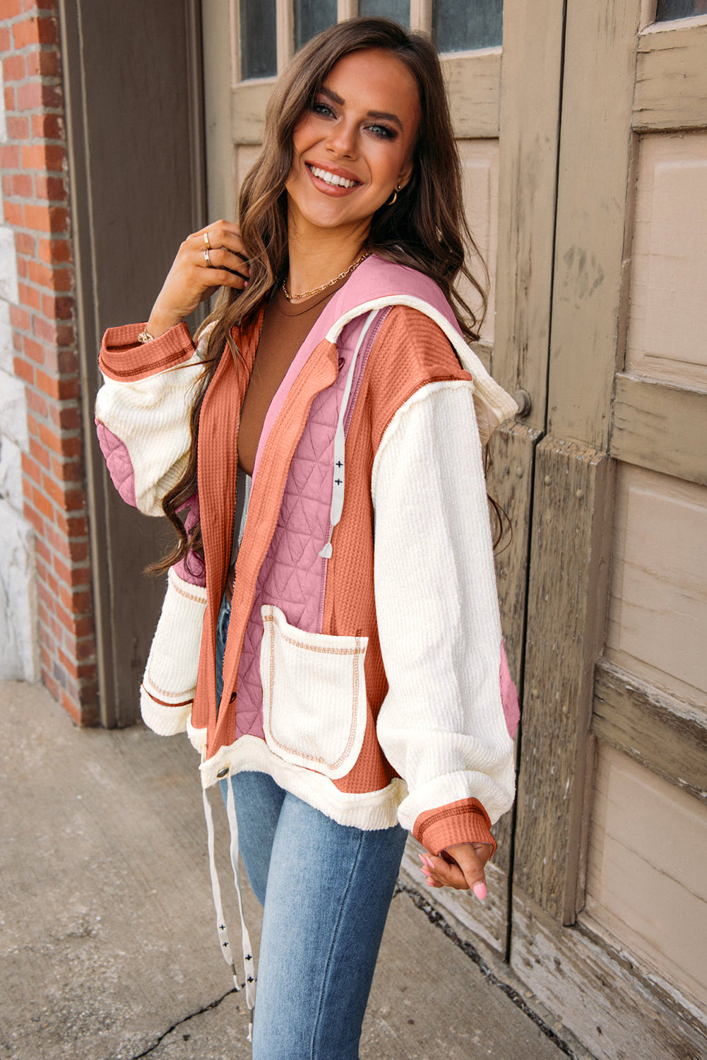 Beige Quilted Textured Patchwork Hooded Jacket