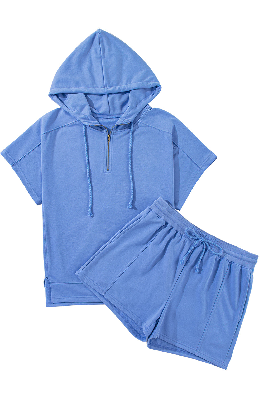 Sky Blue Casual Zipped Short Sleeve Hoodie and Shorts Set