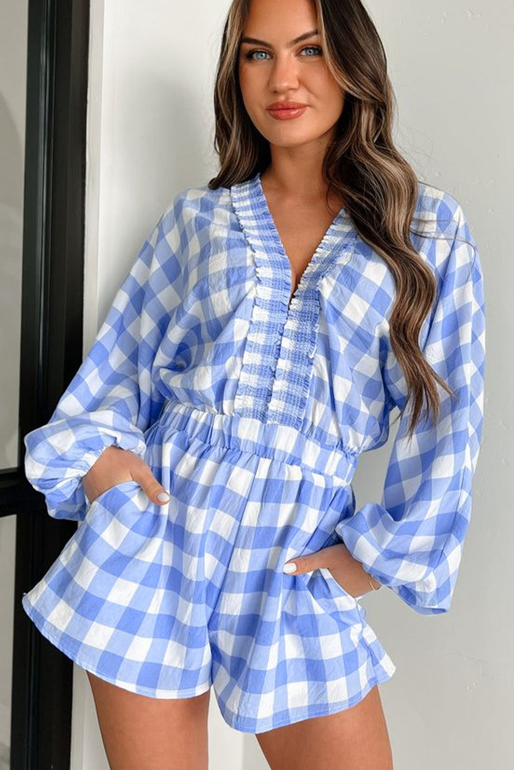 Sky Blue Plaid Shirred V Neck Lantern Sleeve Romper