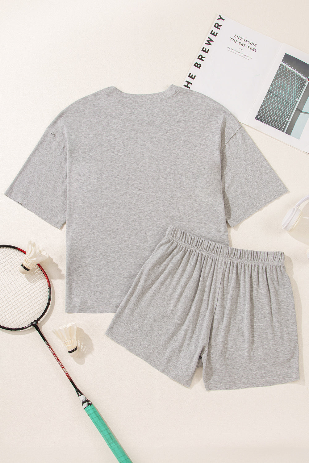 Gray Solid Color Short Sleeve Tee High Waist Shorts Set