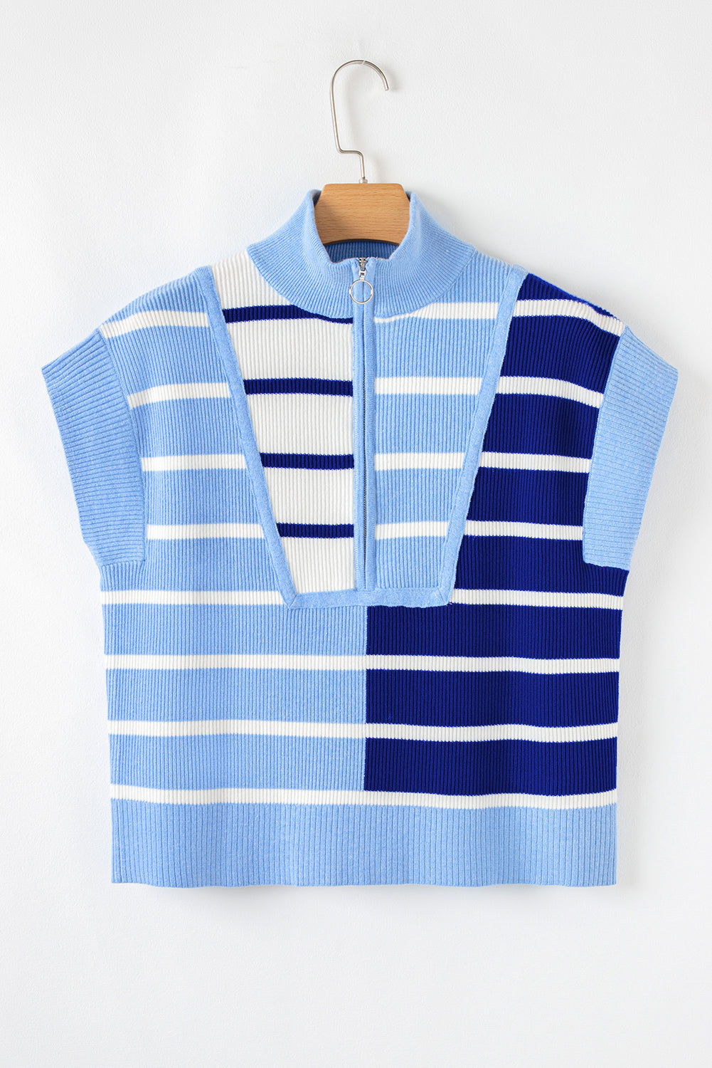 Sky Blue Stripe Quarter Zip Collar Knit Vest