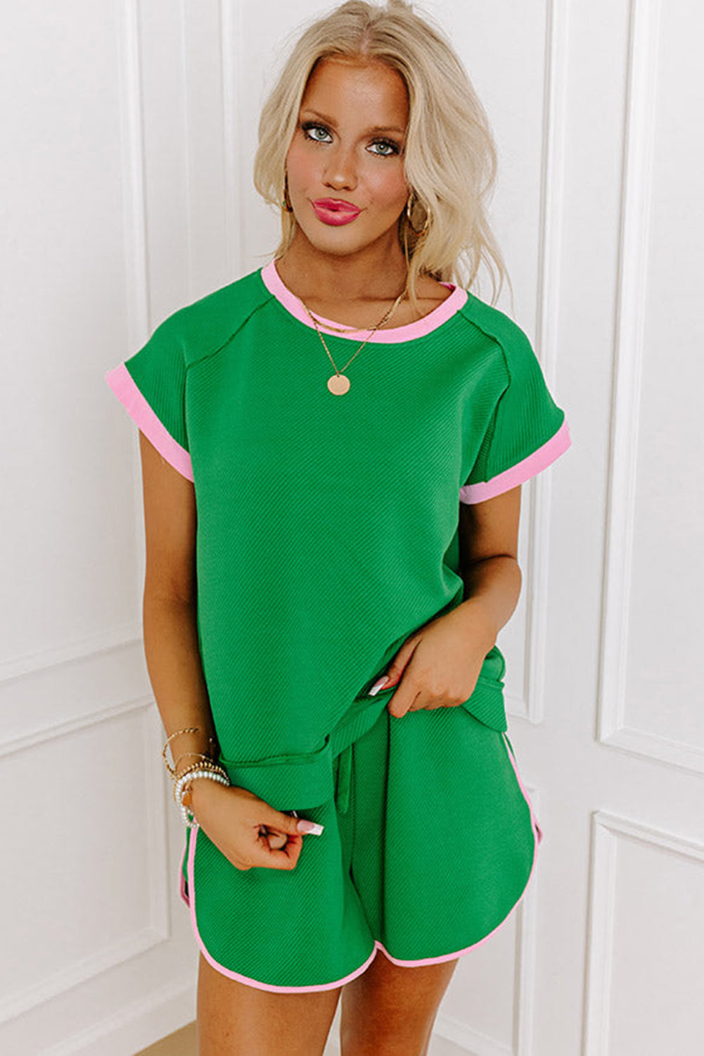 Bright Green Two Tone Contrast Trim Textured Tee and Shorts Set