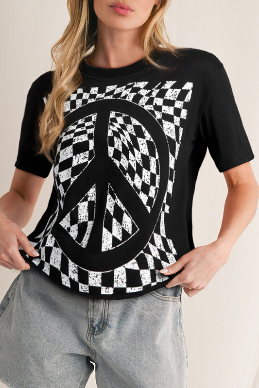 Black Checkerboard Peace Sign Printed Round Neck T Shirt