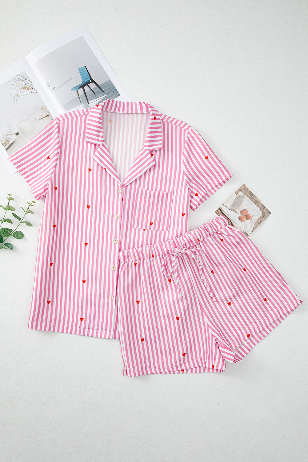 Pink Striped Heart Print Shirt and Shorts Pajama Set