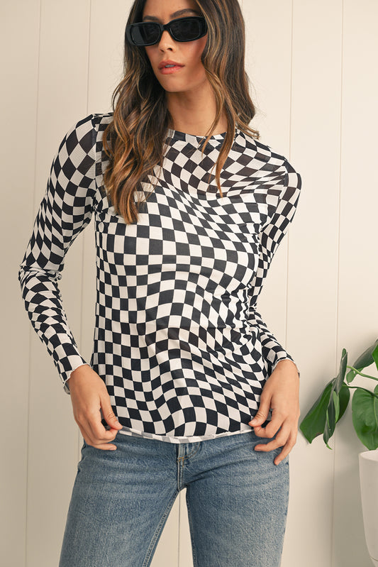 Black Checkered Pattern Mesh Long Sleeve Top