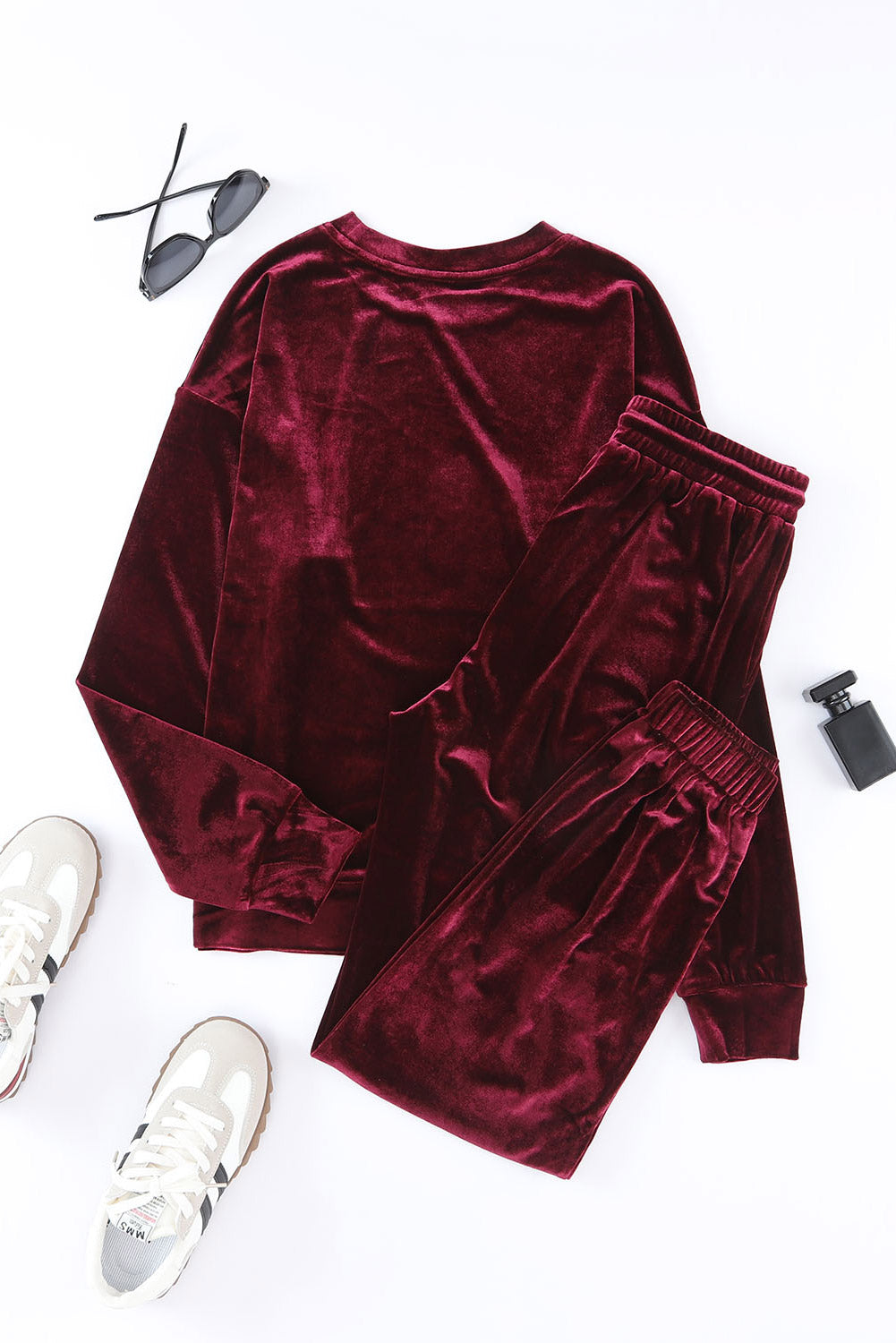 Red Solid Velvet Round Neck Top & Drawstring Pants Lounge Set