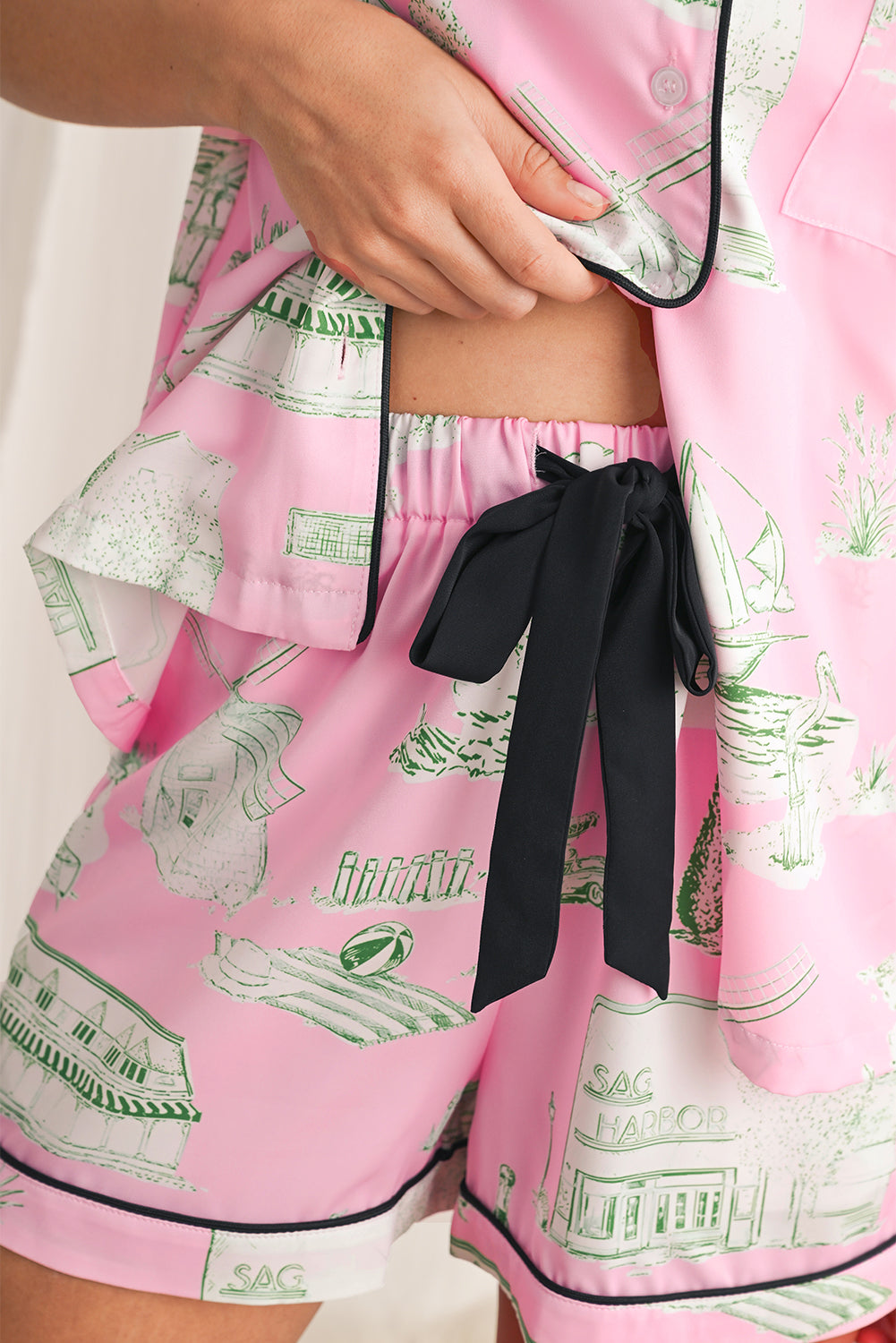 Pink Piping Detail Drawstring Shorts Pajama Set