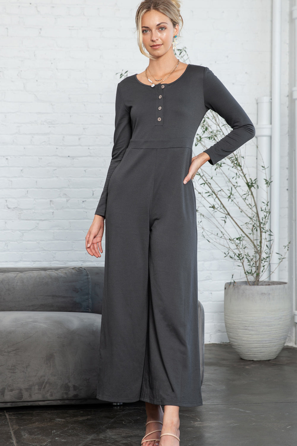 Dark Grey Henley Long Sleeve Wide Leg Jumpsuit with Pockets