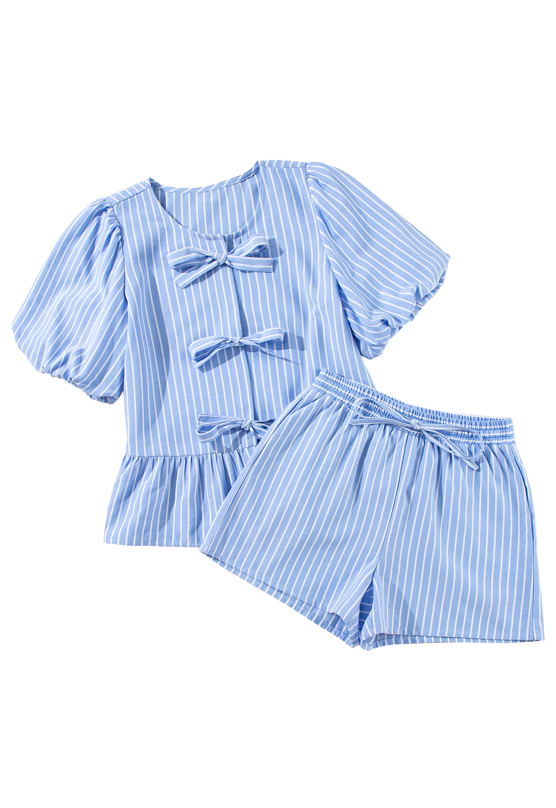 Sky Blue Striped Bow Tie Front Blouse and Drawstring Shorts Set