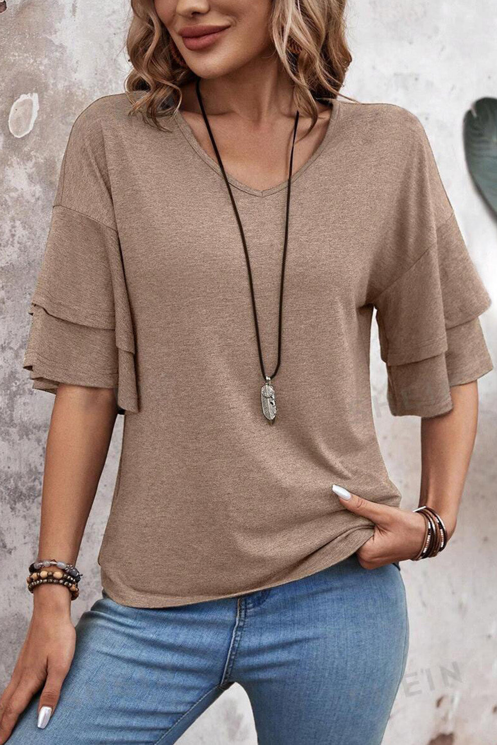 Sail Blue Solid Color V Neck Layered Sleeve Loose T-Shirt