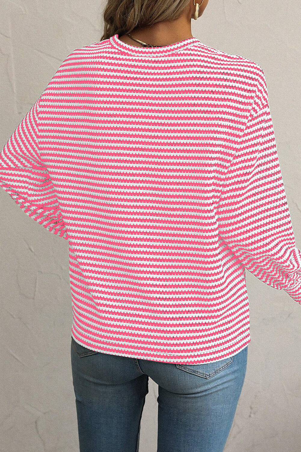 Black Striped Round Neck Drop Shoulder Long Sleeve Top