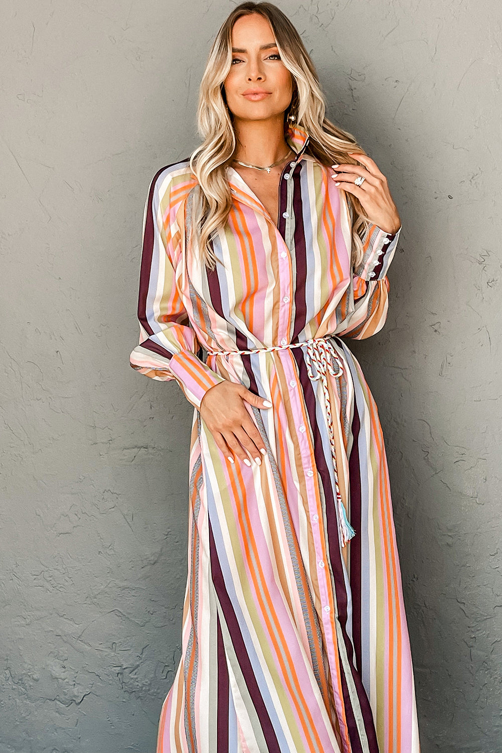 White Colorful Striped Cuffed Sleeve Tassel Tie Maxi Dress