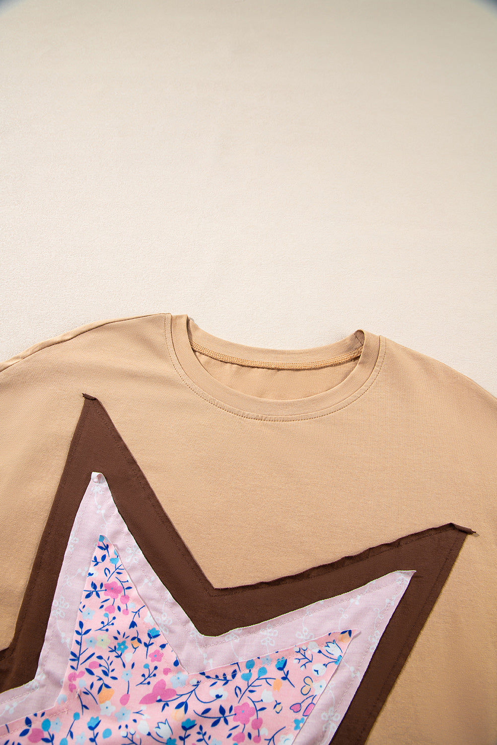 Camel Ditsy Floral Star Patched 3/4 Sleeve T Shirt