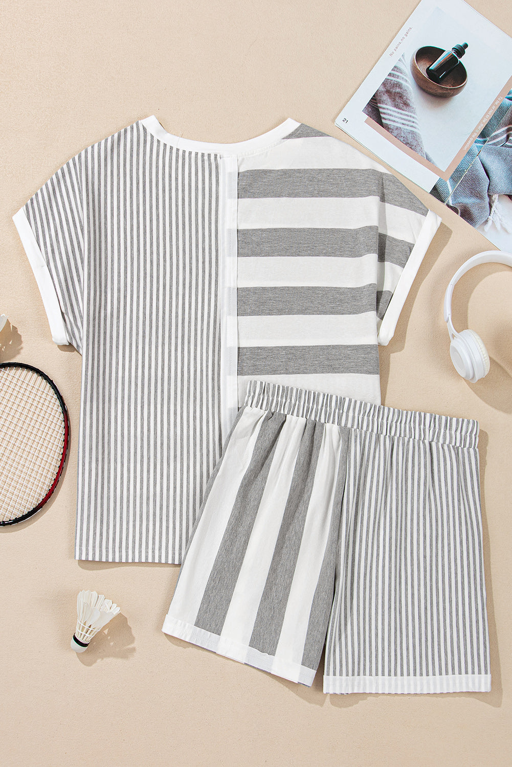 Gray Stripe Mixed Print Short Sleeve Top and Pocketed Shorts Set