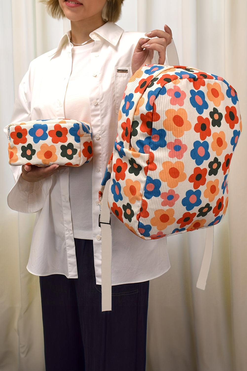 Khaki 60s Flower Print Corduroy Backpack