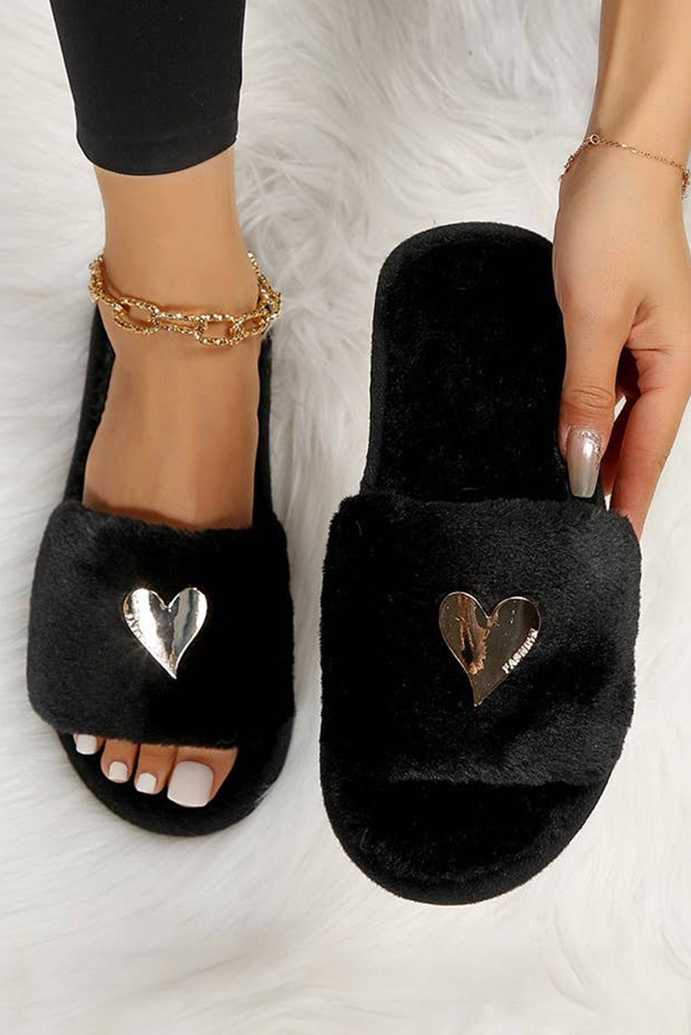 Pink Heart Open Toe Plush Slippers