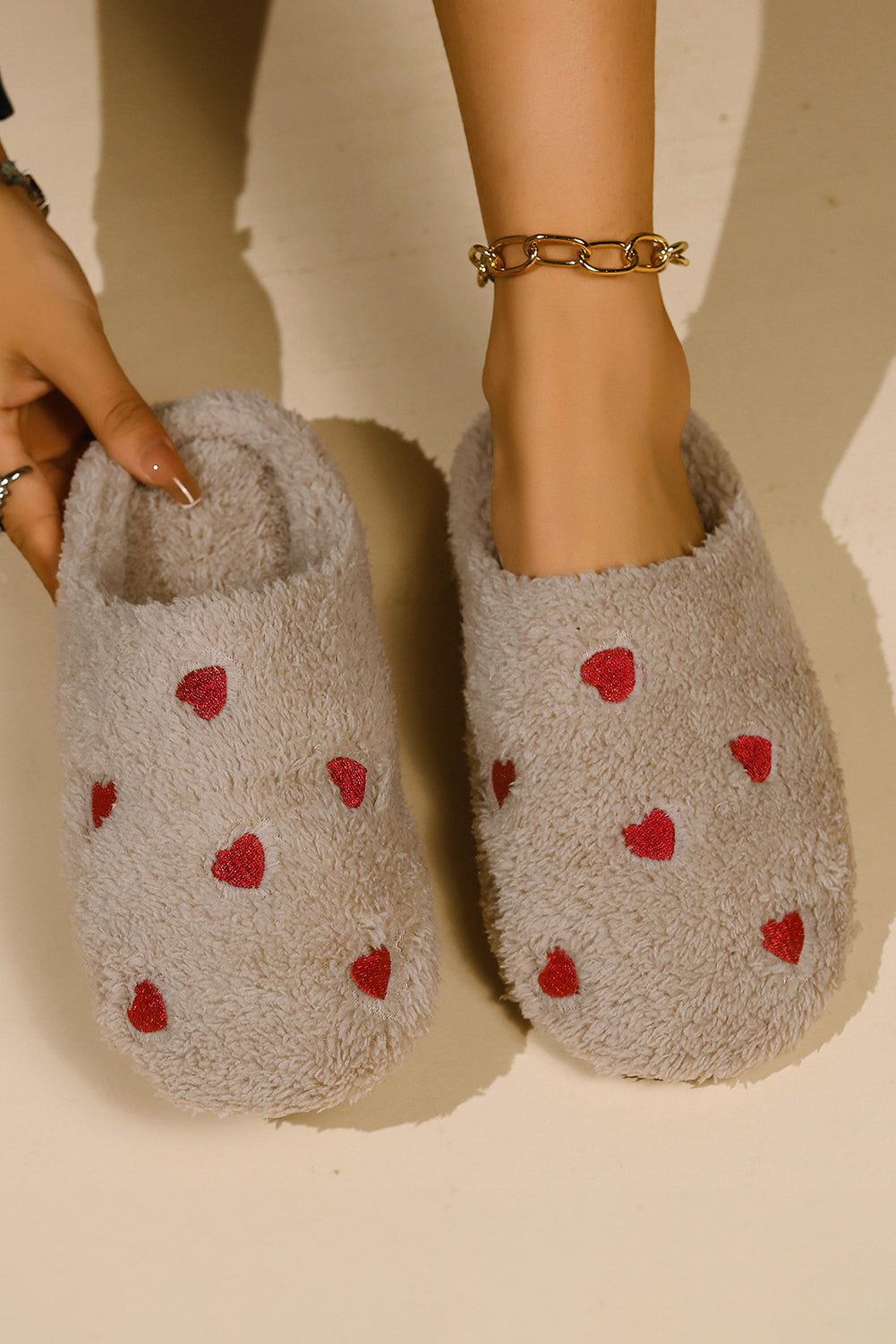 Pink Heart Shape Embroidered Slip On Plush Slippers