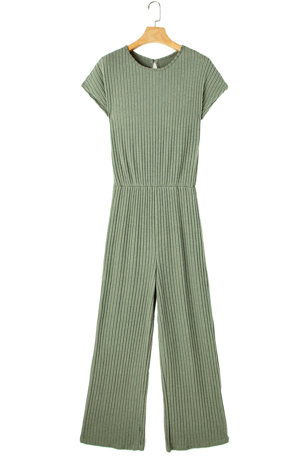 Grass Green Solid Color Ribbed Short Sleeve Wide Leg Jumpsuit