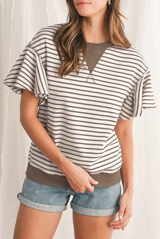 Parchment Striped Ruffle Sleeve Round Neck Top