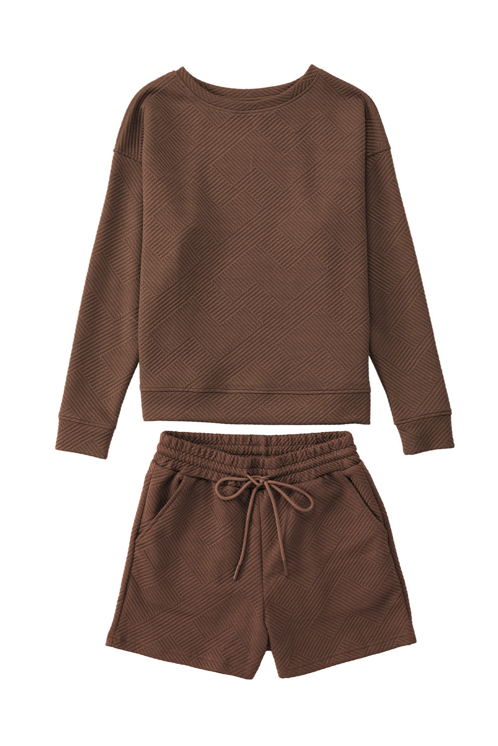 Brown Textured Long Sleeve Top & Drawstring Shorts Set