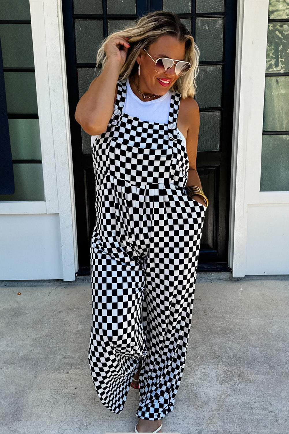 Black Checkered Print Pocketed Wide Leg Overall