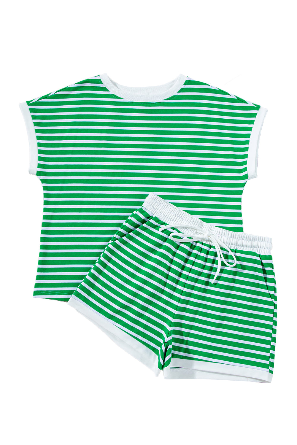 Dark Green Striped Short Sleeve Tee and Shorts Set