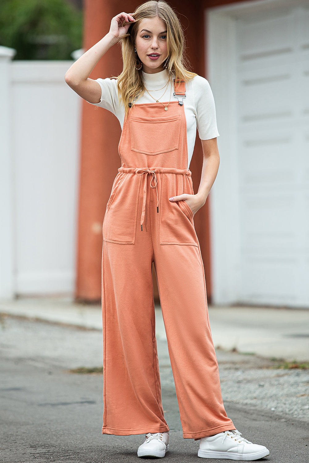 Orange Pocketed Drawstring Wide Leg Overalls