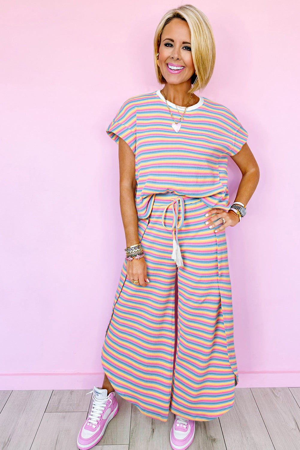 Black Stripe Rainbow Tee and Tassel Drawstring Wide Leg Pants Set