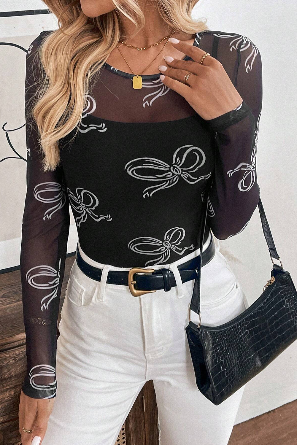 Black Bow Print Long Sleeve Mesh Top