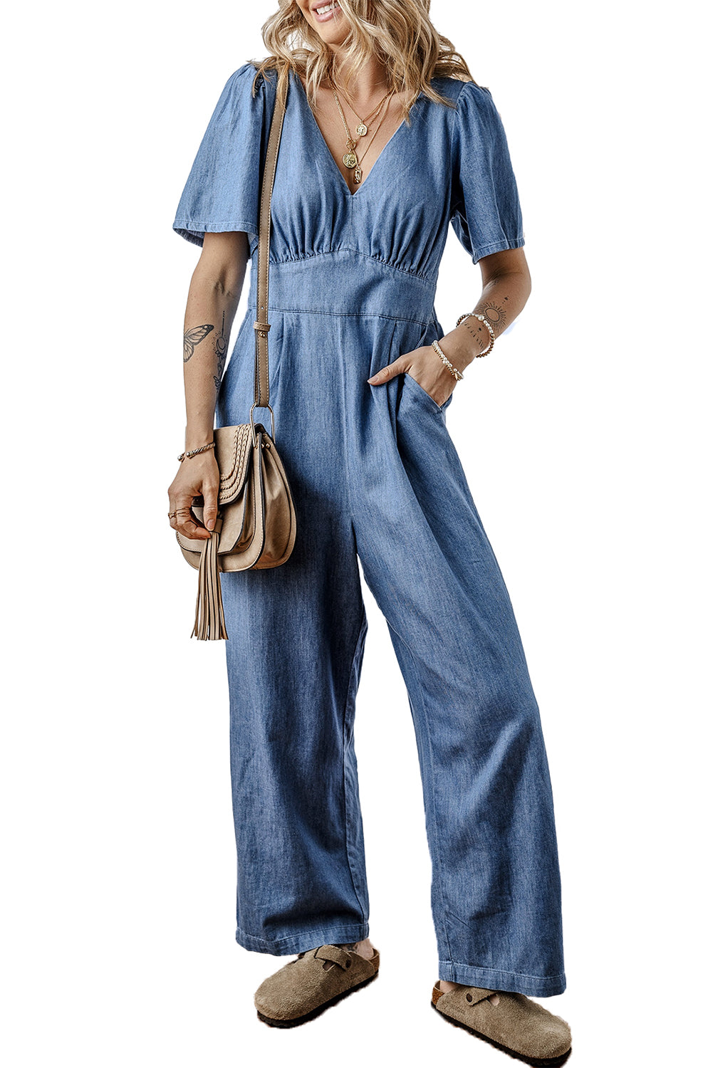 Ashleigh Blue V Neck Short Sleeve Smocked Back Denim Loose Jumpsuit