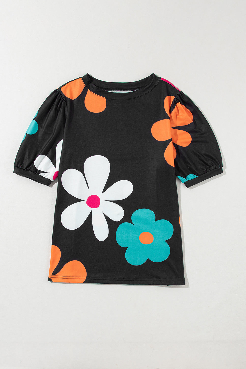 Sky Blue Colorful Flower Print Bubble Sleeve Tee