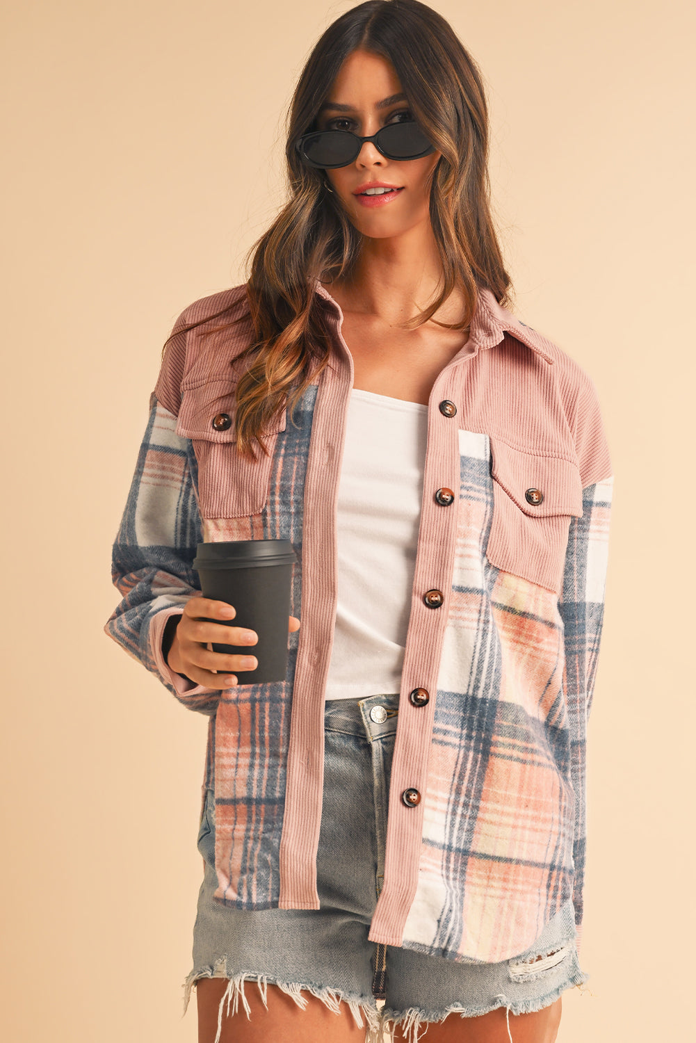 Light Pink Plaid Corduroy Patchwork Pocket Loose Shacket