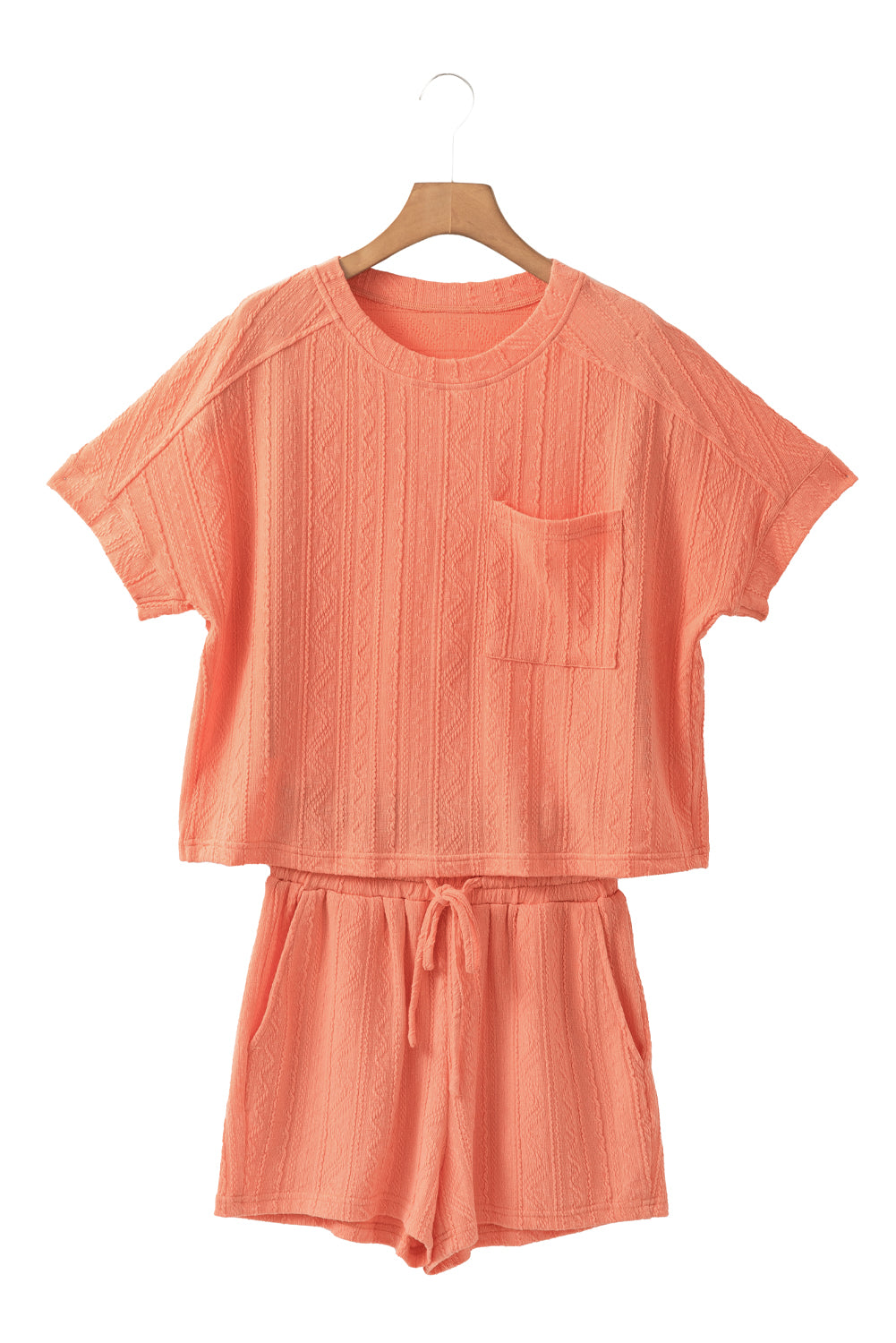 Jet Stream Textured Patched Pocket Short Sleeve Top and Drawstring Shorts Set