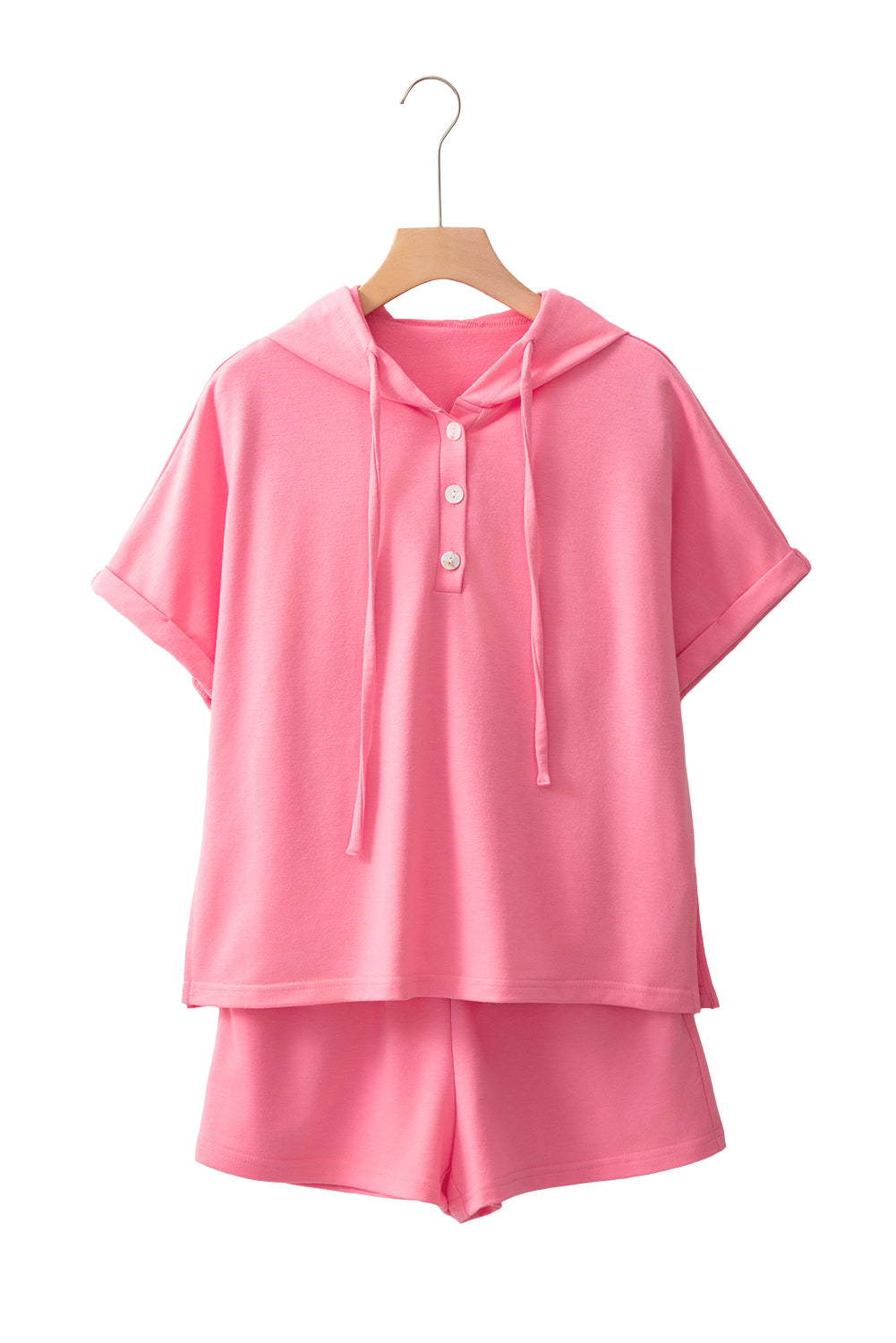 Peach Blossom Hooded Short Sleeve Henley Top and Shorts Set