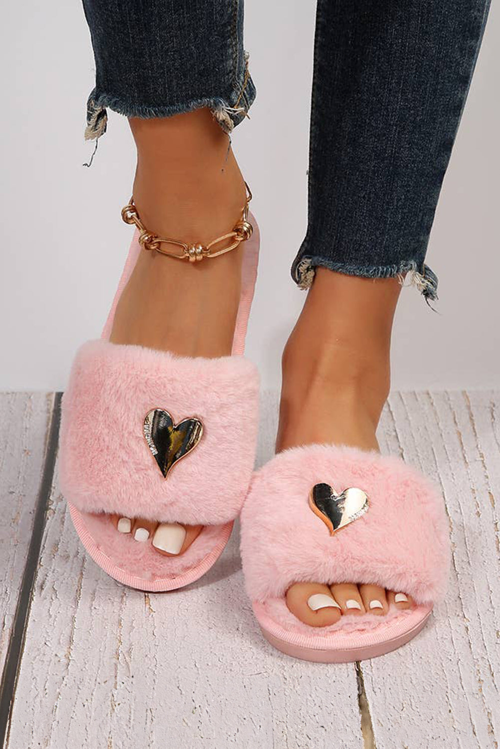 Pink Heart Open Toe Plush Slippers