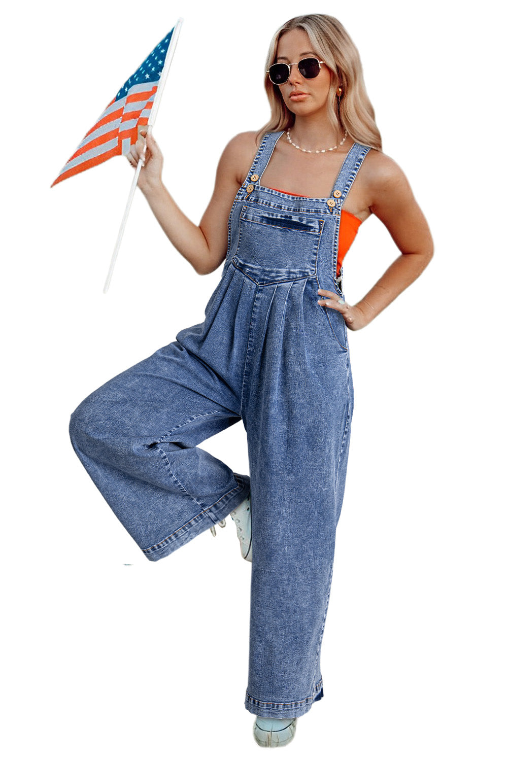 Light Blue Mineral Wash Button Straps Wide Leg Denim Overalls