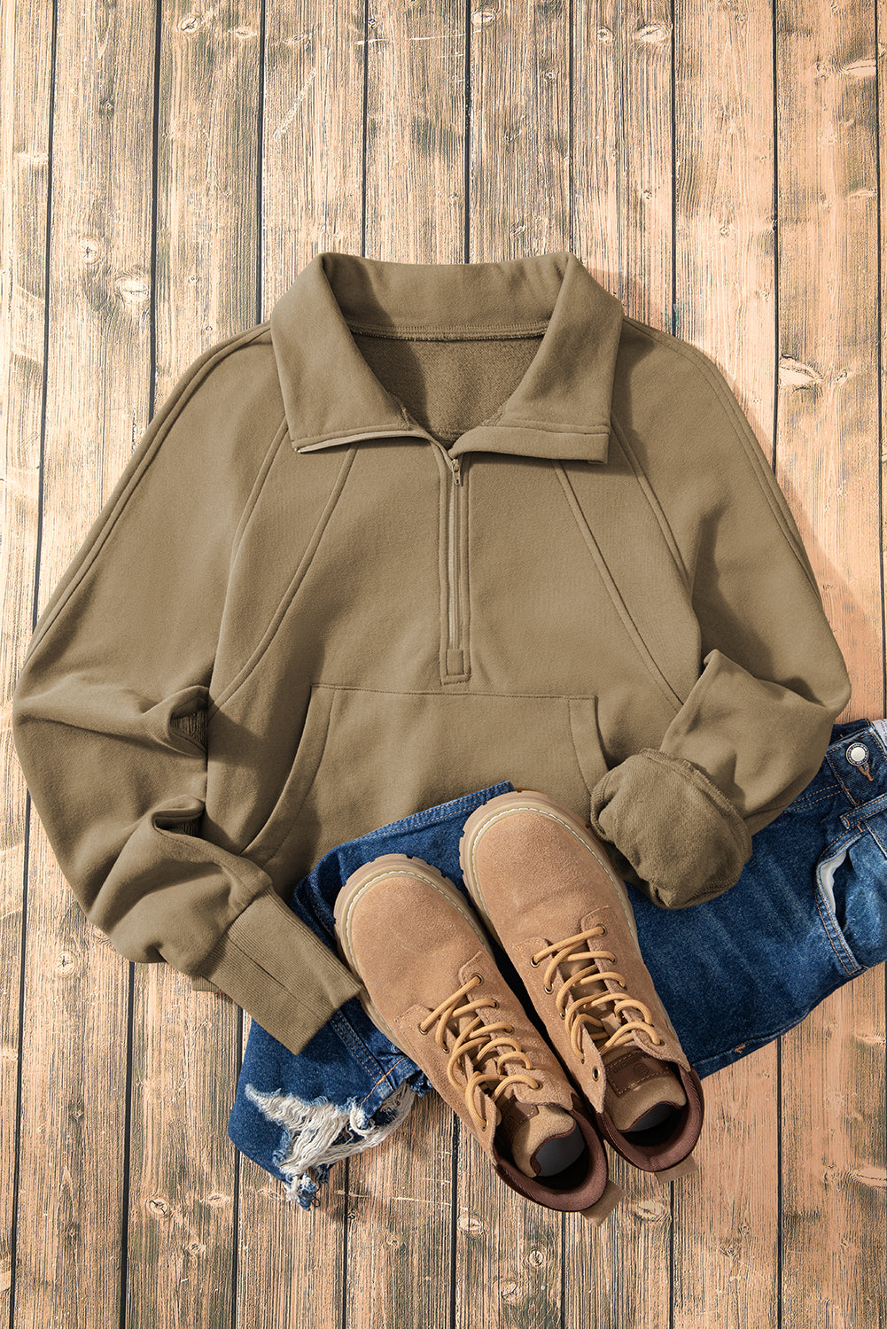 Smoke Green Zip Up Stand Collar Ribbed Thumbhole Sleeve Sweatshirt