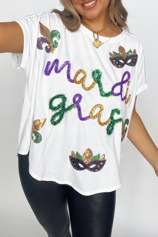 White Tinsel Mardi Gras Sequin Graphic T Shirt