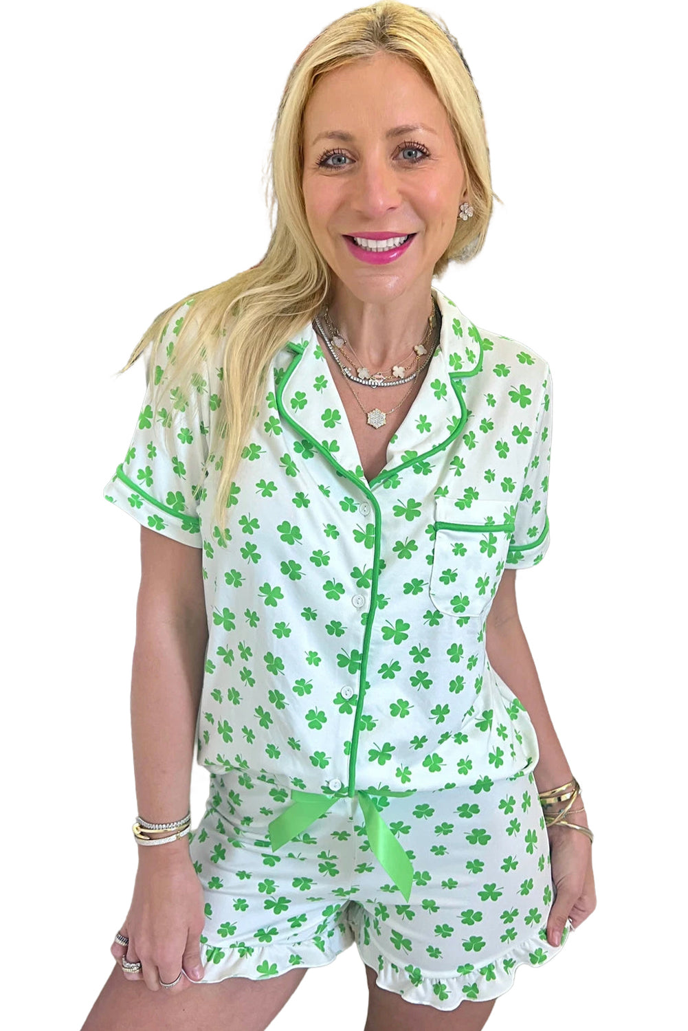 Green St Patricks Day Clover Print Shirt and Ruffle Hem Shorts Pajama Set