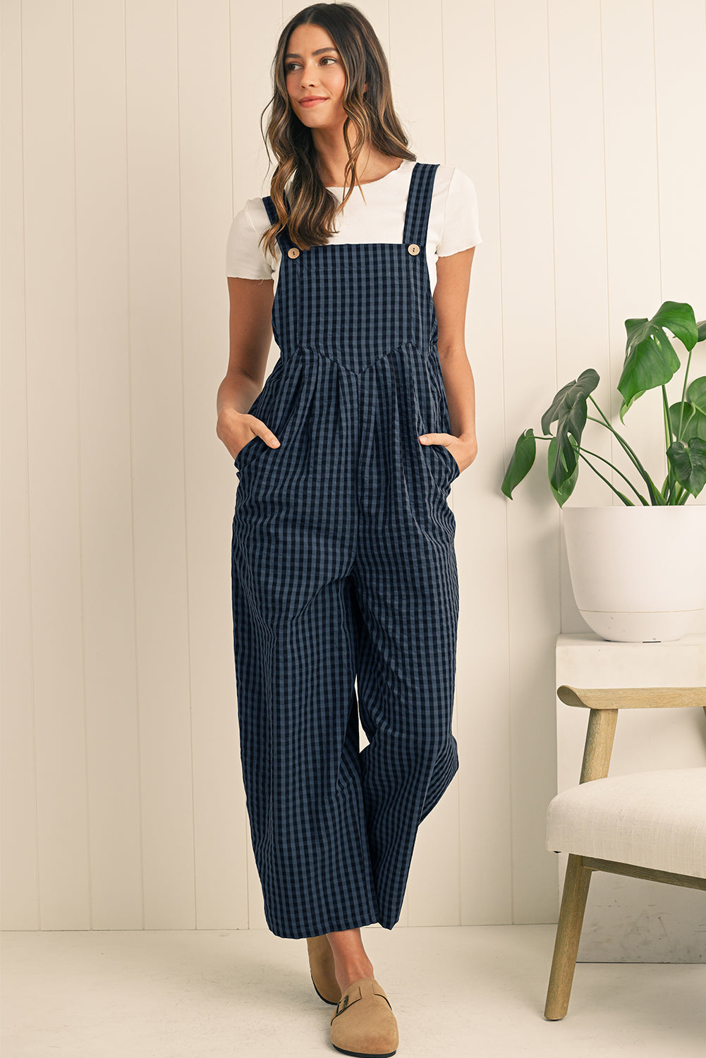 Sail Blue Plaid Print Buttoned Pocket High Waist Overall