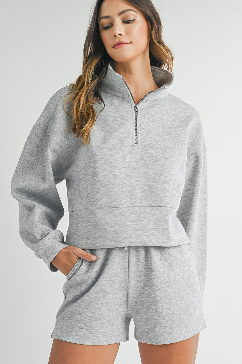 Light Grey Plain Quarter-Zip Pullover Top and Shorts Set